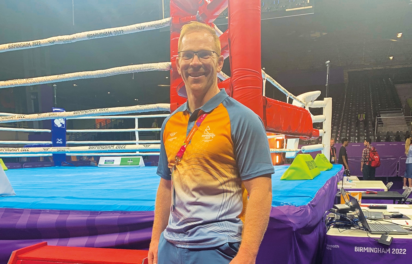 John Houghy standing beside the boxing ring at the Birmingham Comonwealth Games in 2002