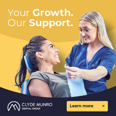 Advert for Clyde Munro. A female dentist and patient smile at each other under the words 'Your Growth. Our Support' with a learn more button.