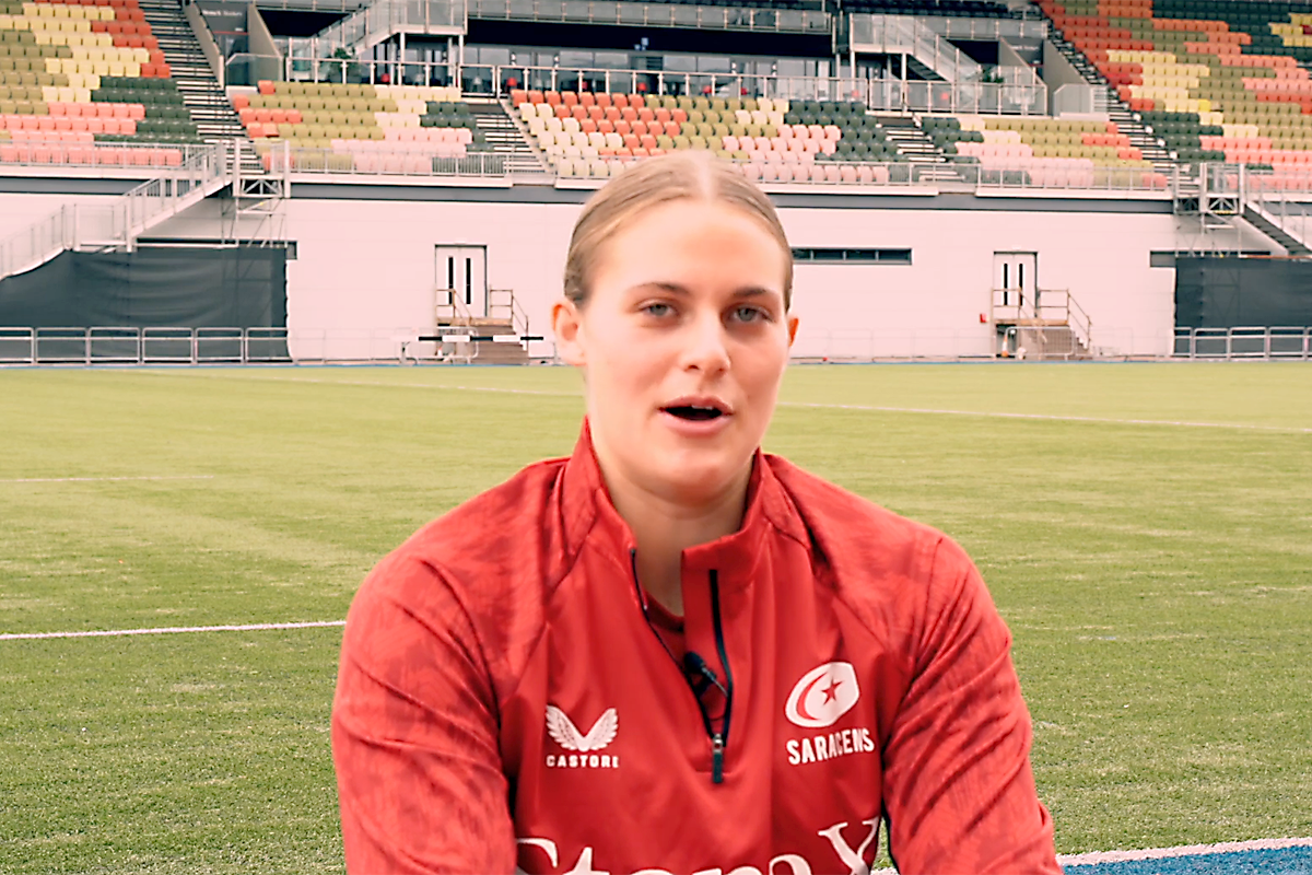 A female rugby player, tori, talks to camera in this screen capture.