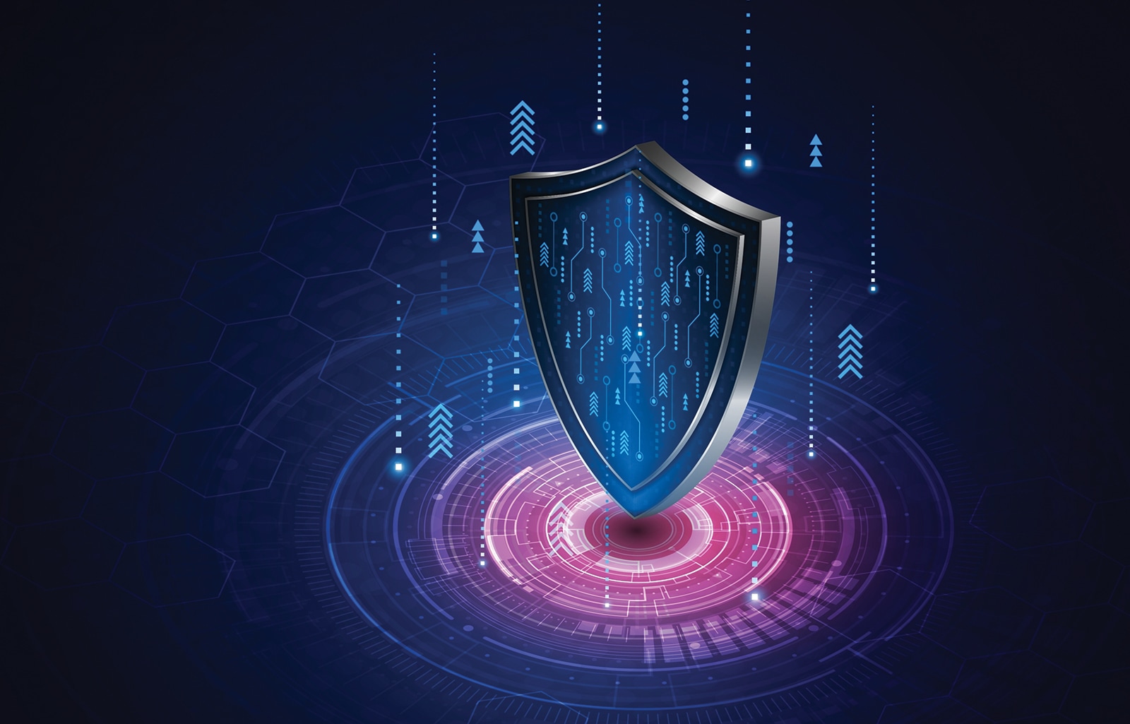 A futuristic illustration shows a shield stopping a bad actor.