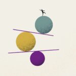 A stylised illustration of a small figure balancing on three large balls with two planks separating them.