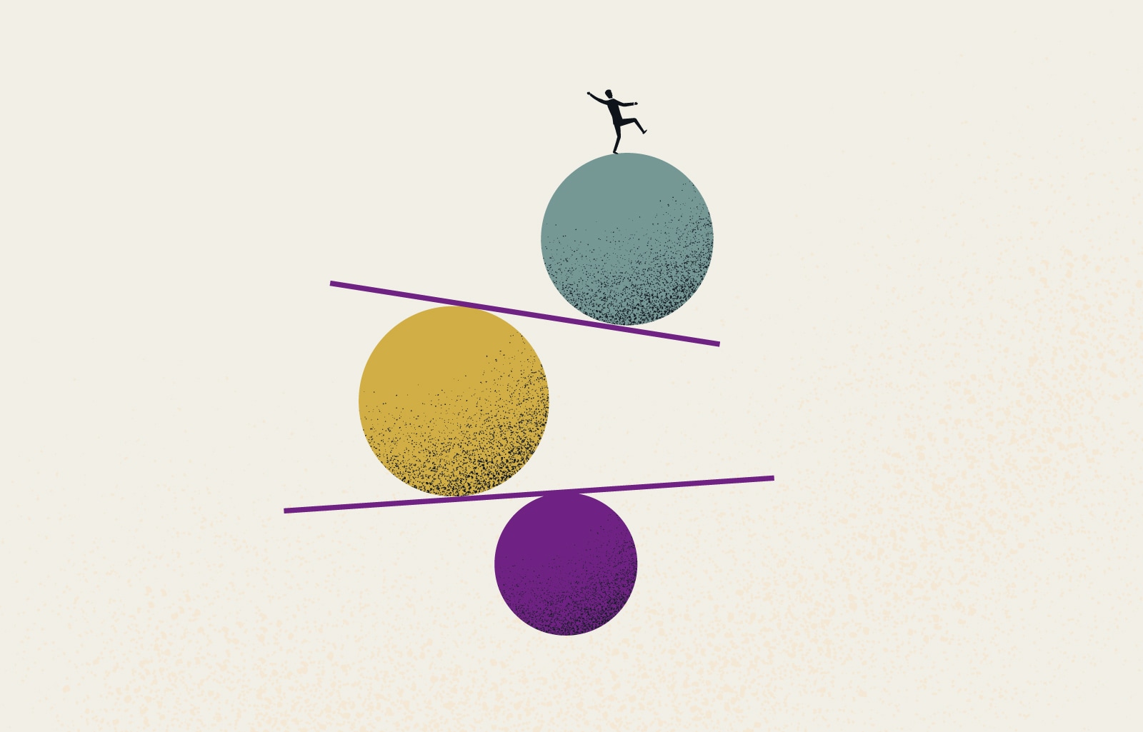 A stylised illustration of a small figure balancing on three large balls with two planks separating them.
