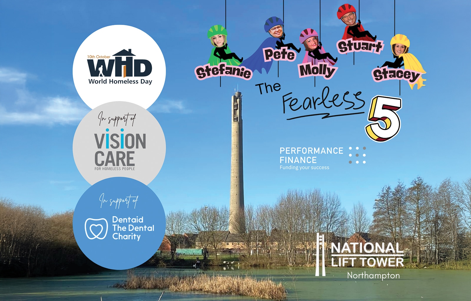A poster for the 'Fearless Five' abseil for charity.
