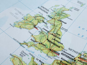 A close up of the UK and Ireland on a model of the globe.