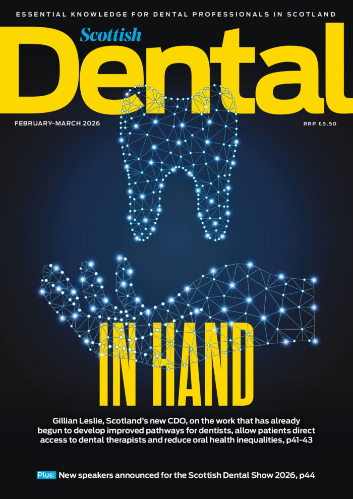 The cover of the February issue of Scottish Dental magazine. An illustration shows a tooth in hand made of a network of little white dots - referencing an interview with the new CDO.