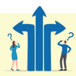 A man and a woman look up at some large directional arrows pointing up, left and right with confusion.