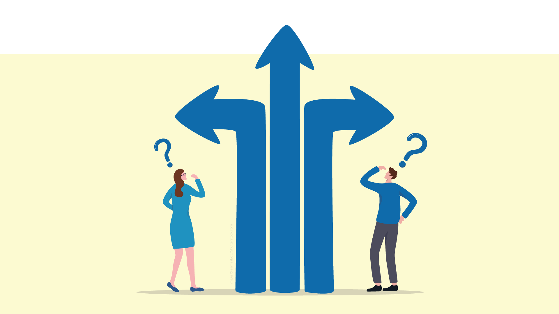 A man and a woman look up at some large directional arrows pointing up, left and right with confusion.