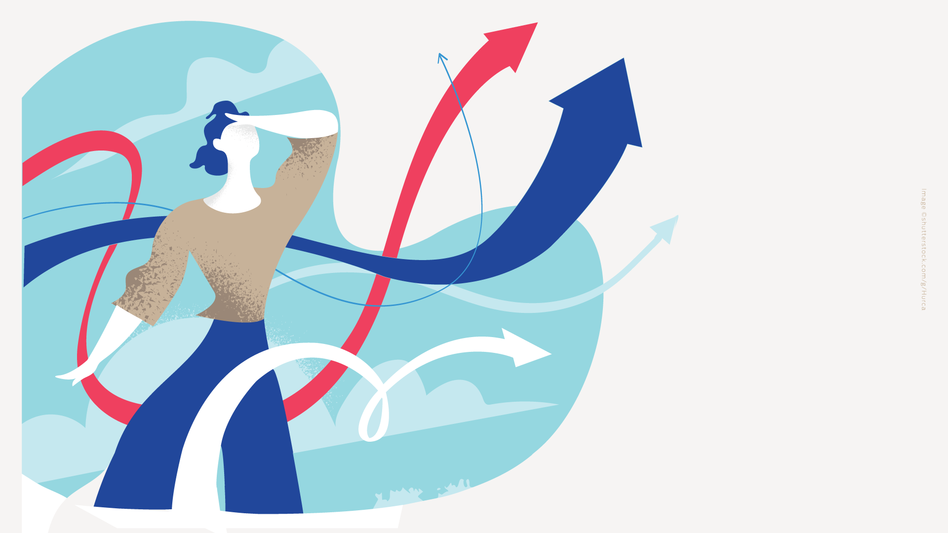 An illustration of a woman lookin forward surrounded by arrows leading off in similar directions.