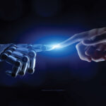 A robot hand and human hand meet at the tip of their index fingers a bright light is generated (3D illustration).