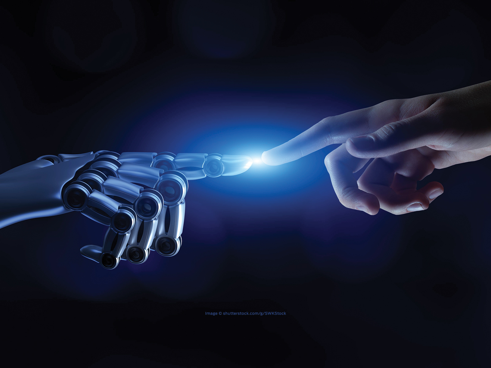 A robot hand and human hand meet at the tip of their index fingers a bright light is generated (3D illustration).