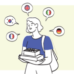 A charactature of a woman thinking about languages identified by flags including french, korean, english, italian and german.