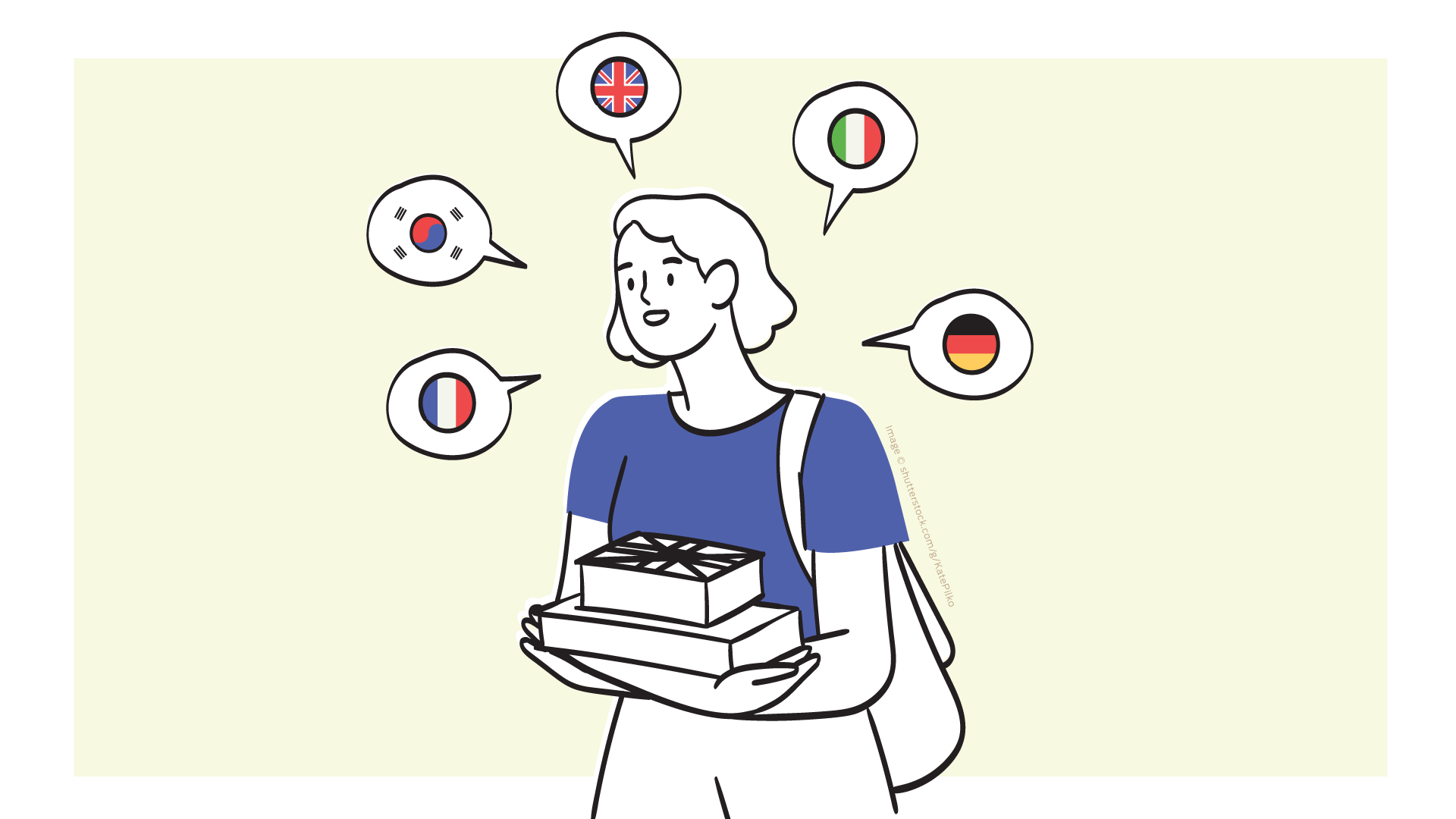 A charactature of a woman thinking about languages identified by flags including french, korean, english, italian and german.
