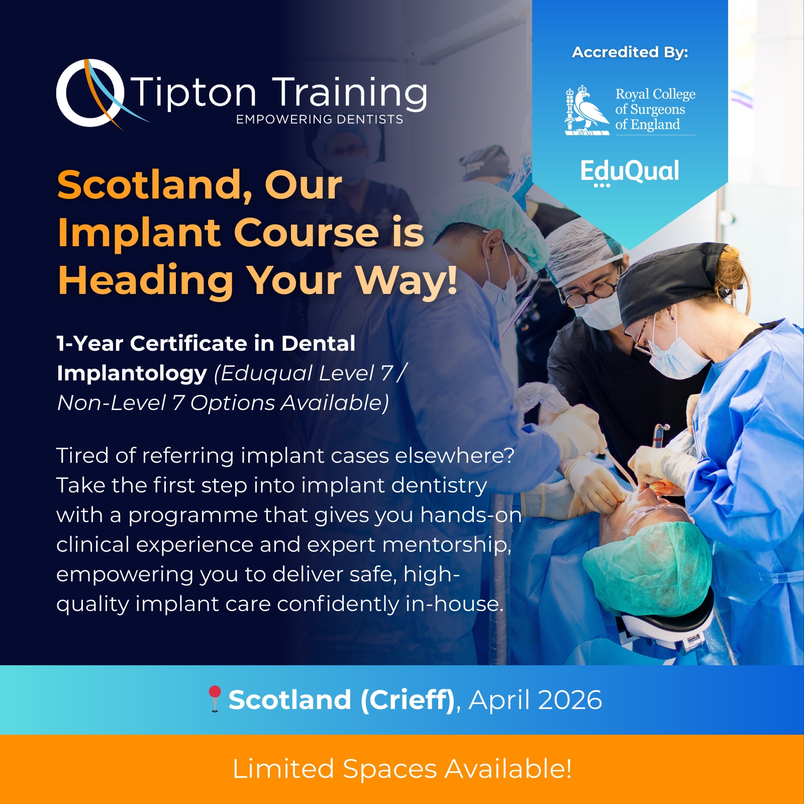 Advert: Scotland, Tipton Training's Implant Course is Heading Your Way! A one-year certificate in Dental Implantology Tired of referring implant cases elsewhere? Take the first step into implant dentistry with a programme that gives you hands-on clinical experience and expert mentorship, empowering you to deliver safe, high-quality implant care confidently in-house. Limited Spaces Available! Click here to find out more.