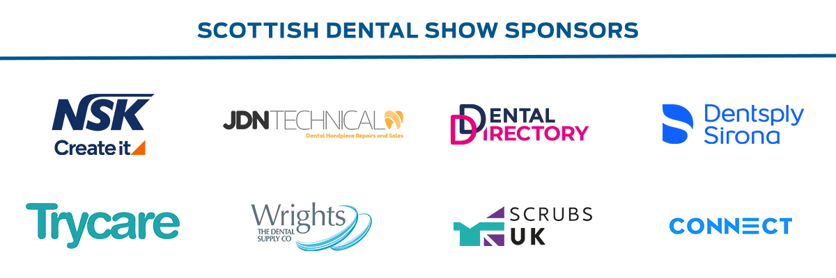 Scottish Dental Show sponsor logos, NSK, JDN Technical, Dental Directory, Dentsply Sirona, Trycare, Wrights Dental Supply Co, Scrubs UK and Connect.