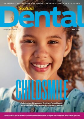 Cover of the April 2026 issue of Scottish Dental Magazine. An image of a young girl smiling at the camera under the words Childsmile