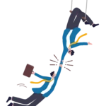 An illustration shows two businessmen loosing their grip on each other while hanging from a trapeze swing