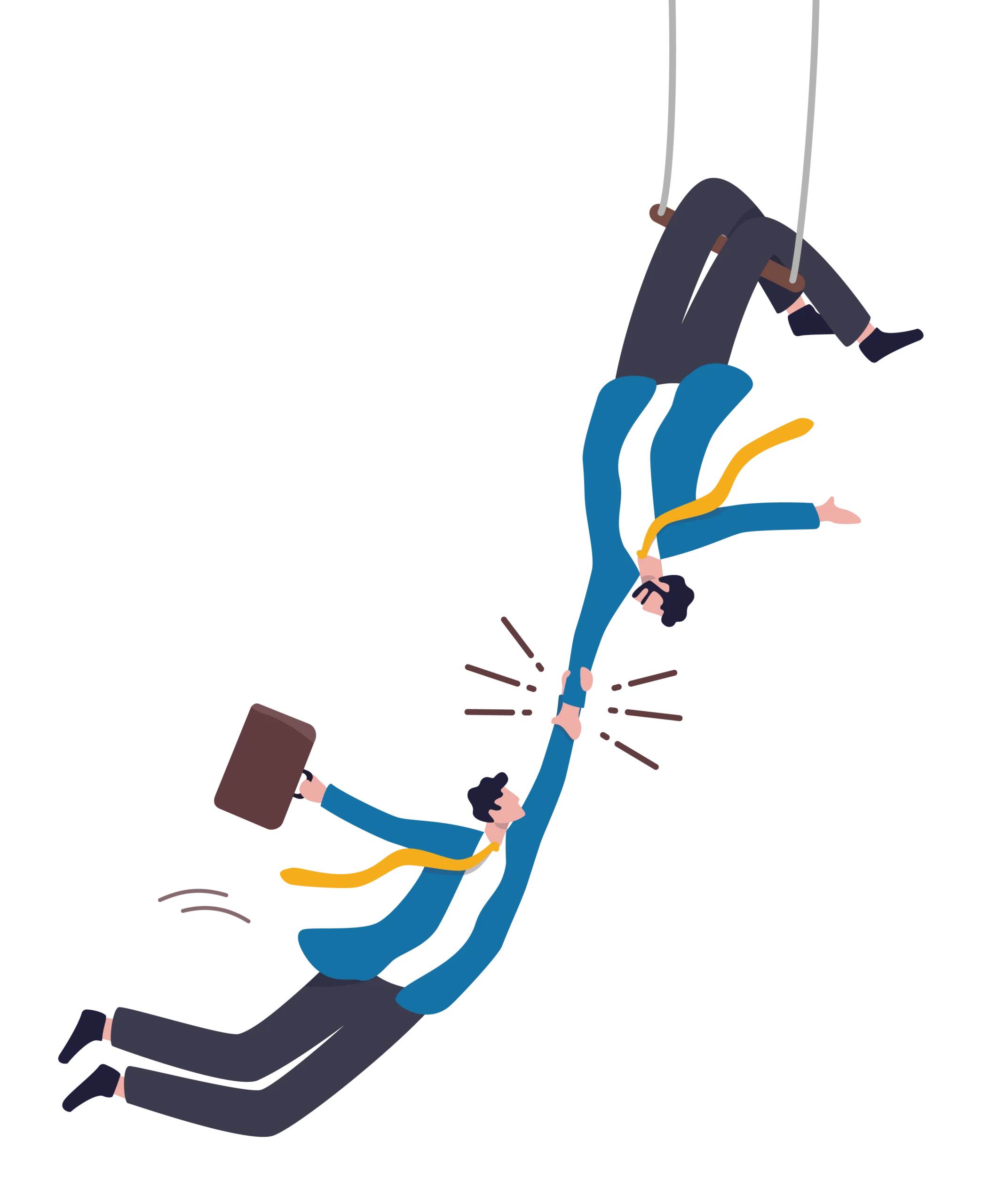 An illustration shows two businessmen loosing their grip on each other while hanging from a trapeze swing